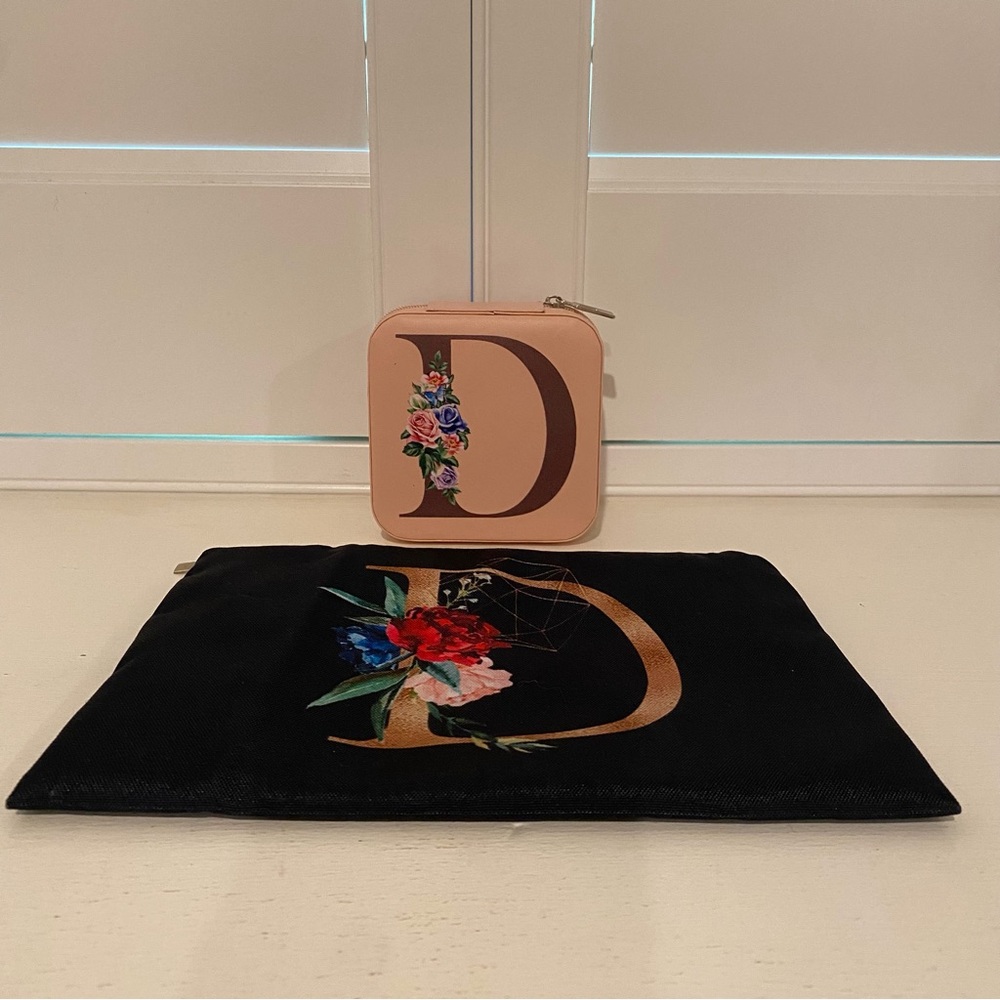 Floral Initial D Makeup Pouch and Jewelry Case